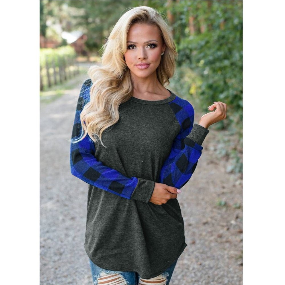 $5  Blue Buffalo Plaid Sleeve Gray Sweater